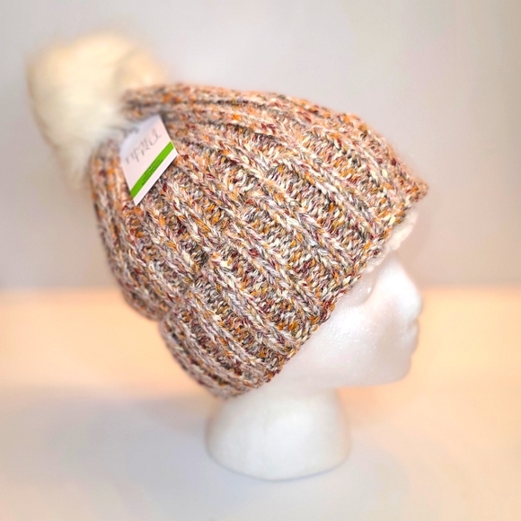 Time and Tru Accessories - Warm Beanie Tan Mix color Nit Pom Pom Velour lined Beanie…